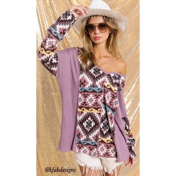 LAST 1! V Neck Mauve/Lilac Mix Aztec Print Soft Color Block Top - Picture 5 of 11